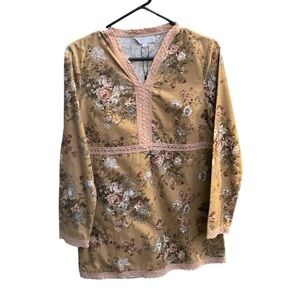 V’Cocco Boho Hippie Mustard Gold Floral Print Baby Doll Style Blouse Size Medium